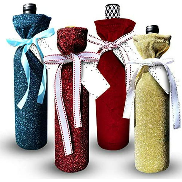 No More Paper Bags Set of 4 with Bows and Gift Tags Reusable & Ecofriendly Make Your Bottle Look Special Deluxe Wine Bags- Velvet and Sparkle Stretch Fabric 